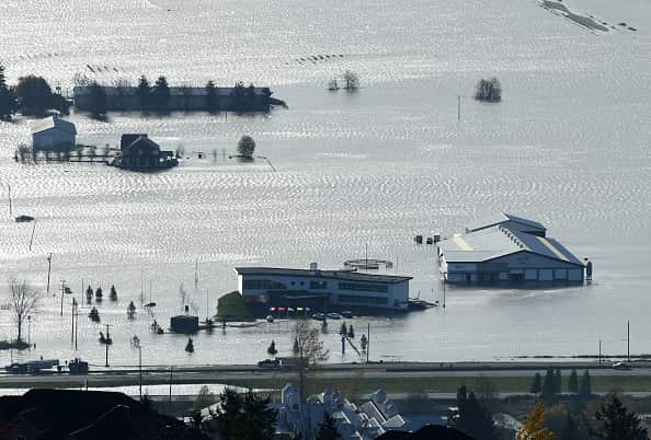 View of buildings in floodwater in Abbotsford, British Columbia.