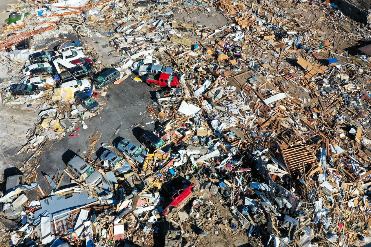 An aerial photo shows the damage as cleanup efforts continue after tornado hit Mayfield, Kentucky, on 12 December, 2021.