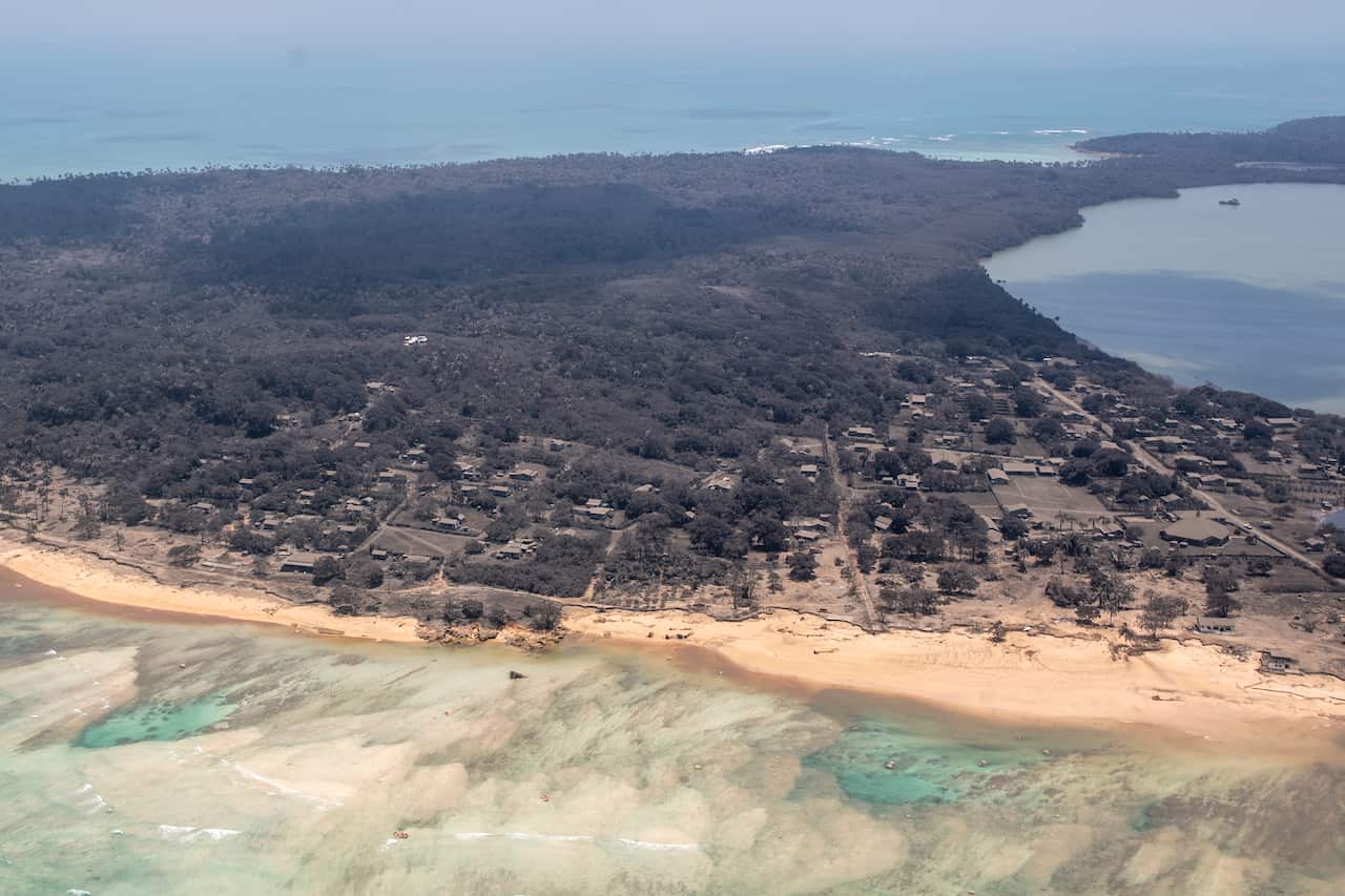 Image taken from a New Zealand Air Force P-3K2 Orion aircraft showing ash covering the Tongan island of Nomuka.