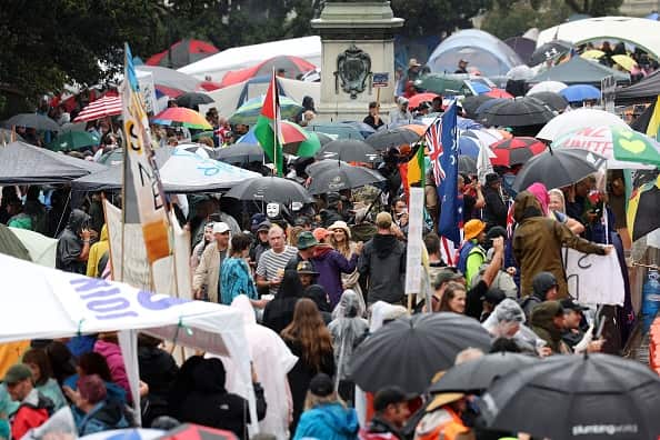 Protesters outside Parliament House in Wellington.