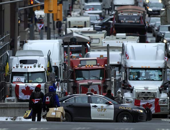 Trucks parked near Canadian parliament in Ottowa on 11 February, 2022, as part of a protest against vaccine mandates.