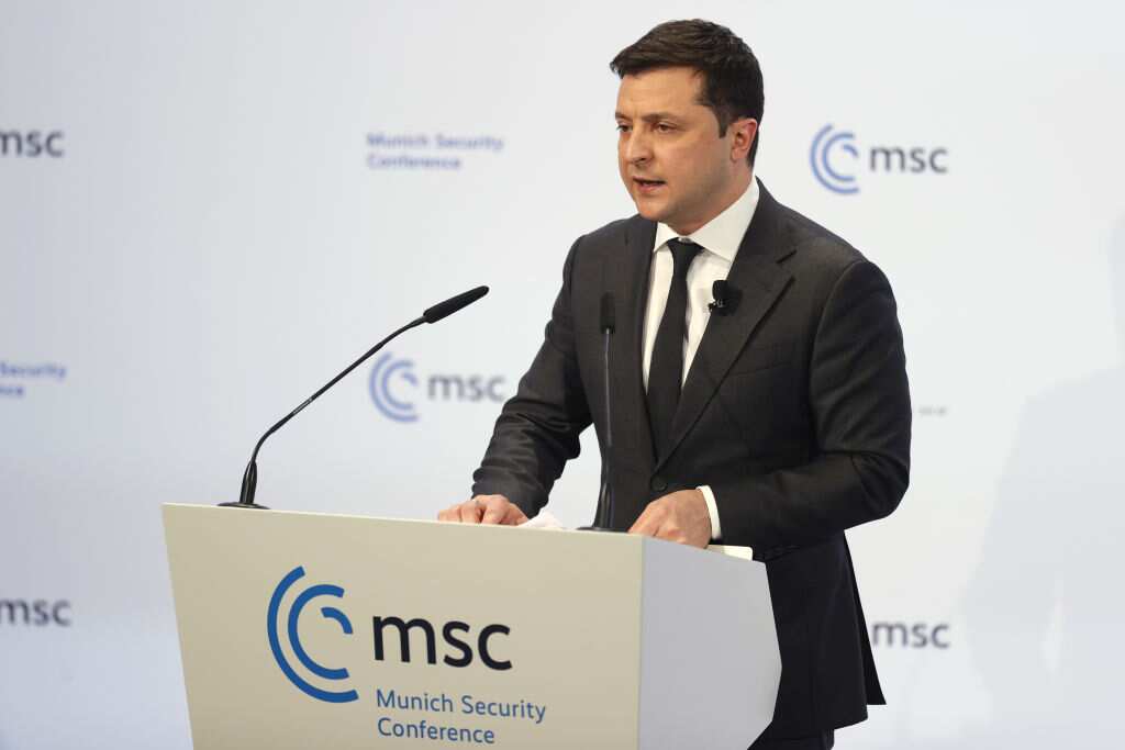 Ukrainian President Volodymyr Zelensky delivers a statement during the 58th Munich Security Conference (MSC) on February 19, 2022 in Munich, Germany.