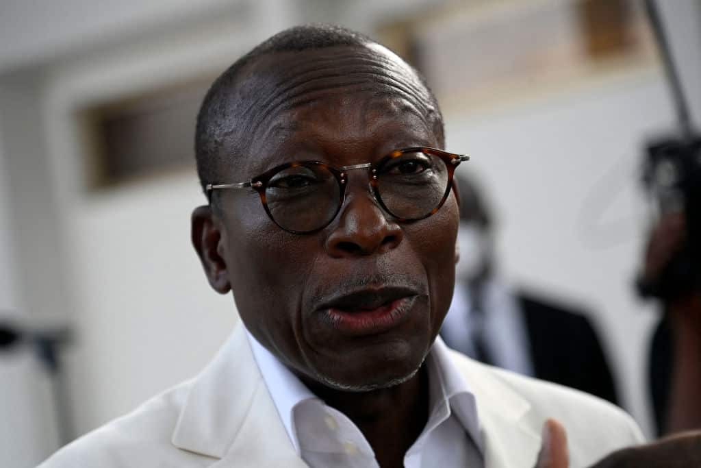 Beninoise President Patrice Talon speaks during the inauguration of a symbolic exhibition to showcase artefacts looted by the French colonial soldiers returned to the country.