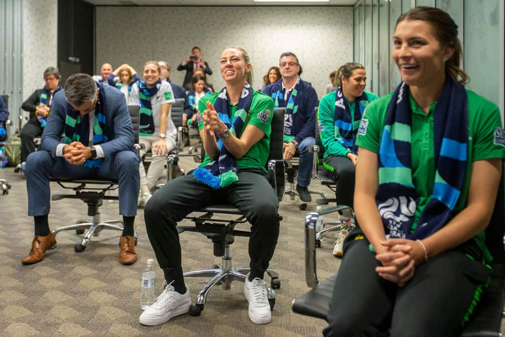 Matildas Alanna Kennedy puts her hands together as FIFA announce the hosts to the 2023 FIFA Women's World Cup at the FFA Offices.