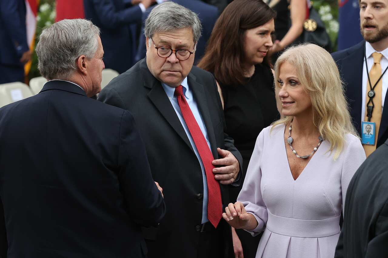 White House Chief of Staff Mark Meadows, Attorney General William Barr and former White House aide Kellyanne Conway talk in the Rose Garden at the event.