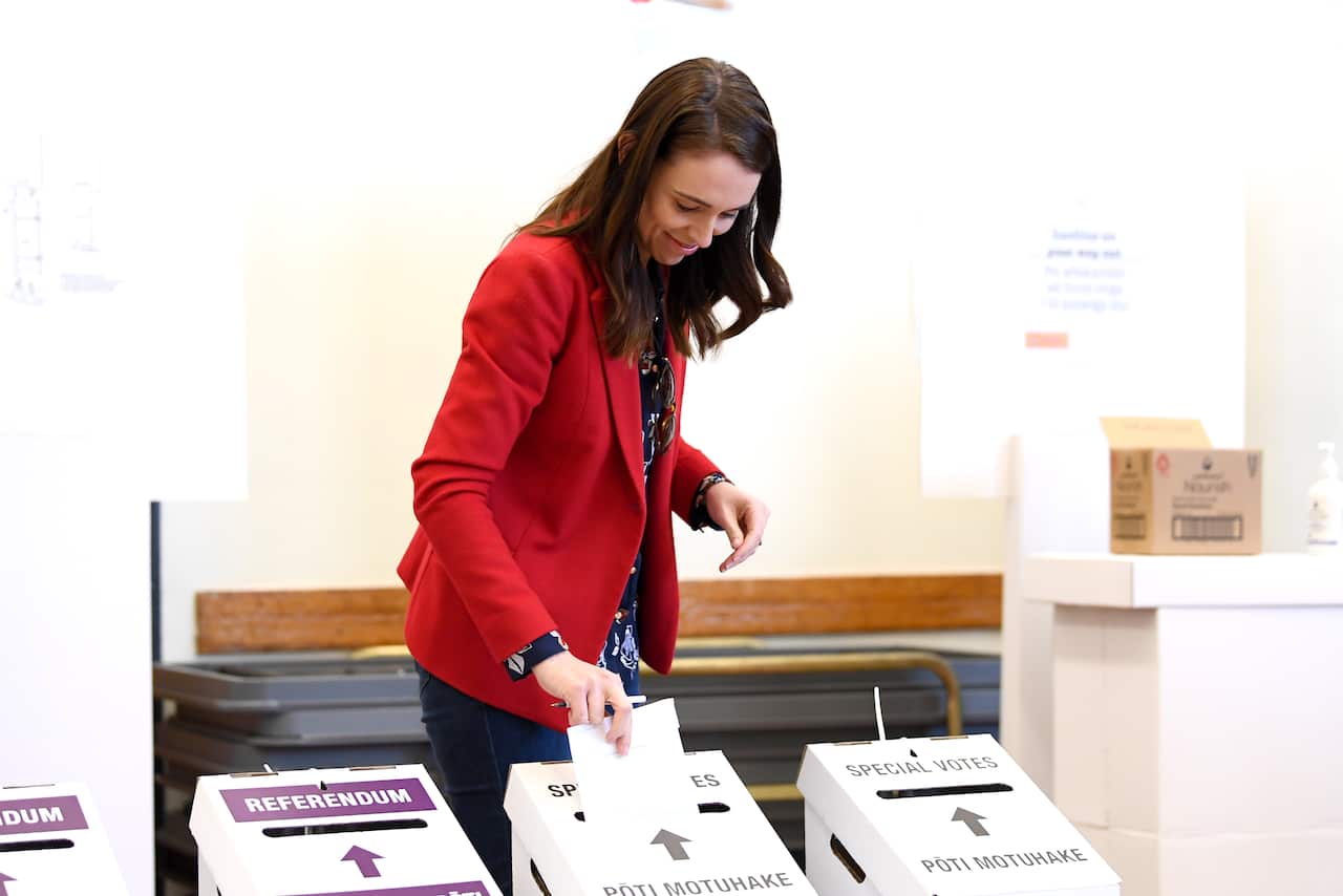 New Zealand Prime Minister Jacinda Ardern votes at the Mt Eden War Memorial Hall on 3 October in Auckland, New Zealand. 