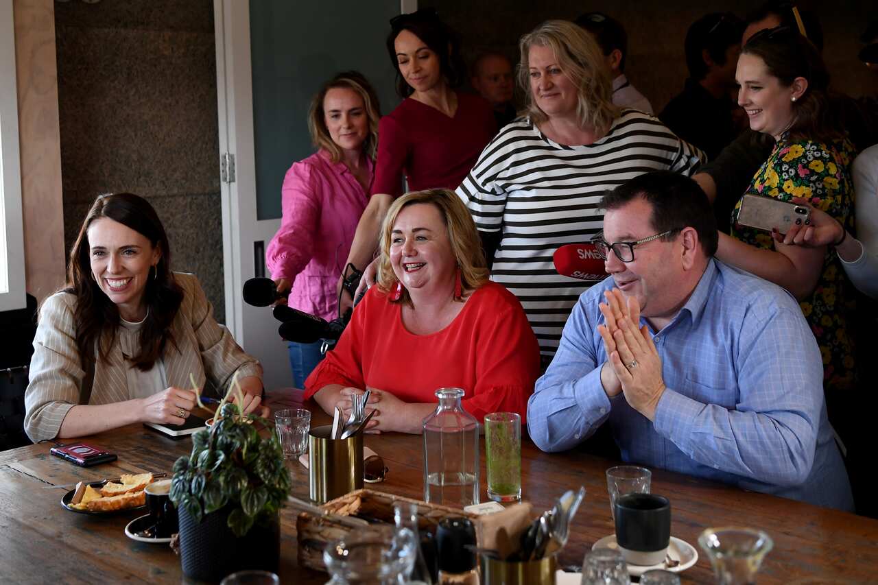  Jacinda Ardern meets with members of her party, Hon.Dr Megan Woods and Hon. Grant Robertson at Crave Cafe on 18 October. 