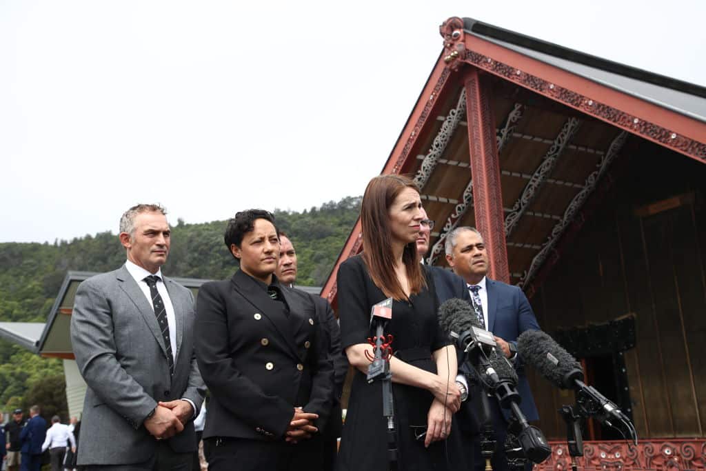 Prime Minister Jacinda Ardern speaks on the Te Mānuka Tūtahi Marae following a memorial service on 9 December, 2020 in Whakatane, New Zealand. 