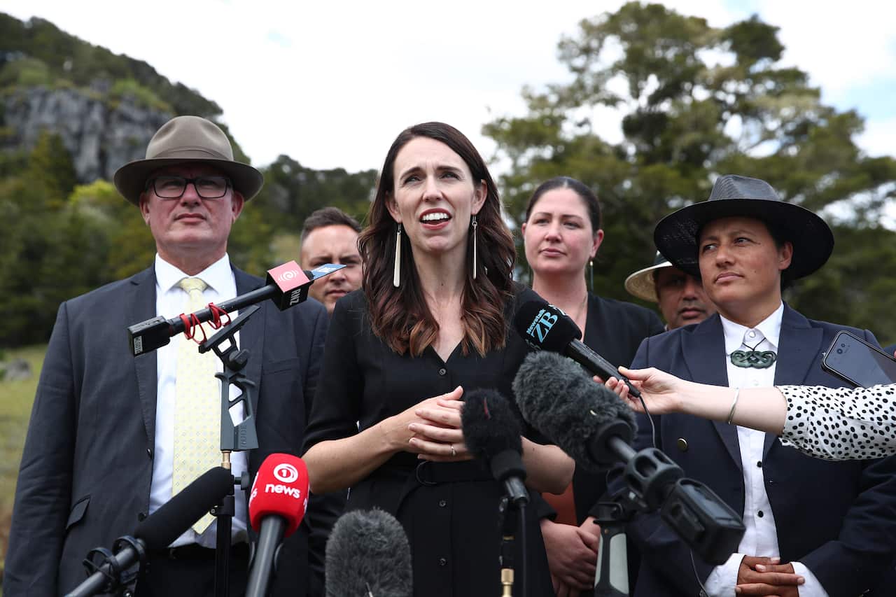 New Zealand Prime Minister Jacinda Arden speaks to media about the country's COVID-19 vaccine plan in Northland on Wednesday.