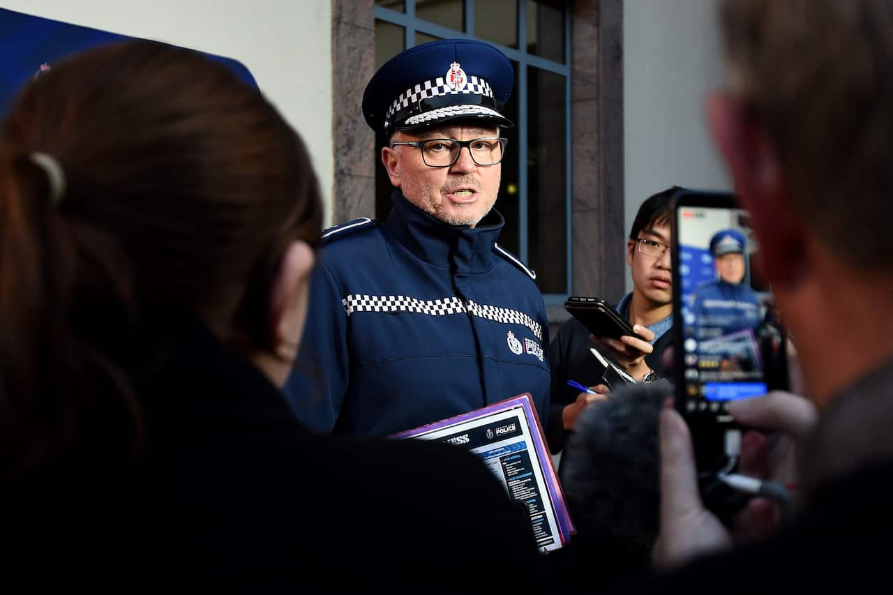 Superintendent Paul Basham speaks to media outside the Dunedin Central Police Station on 10 May, 2021 in Dunedin, New Zealand.