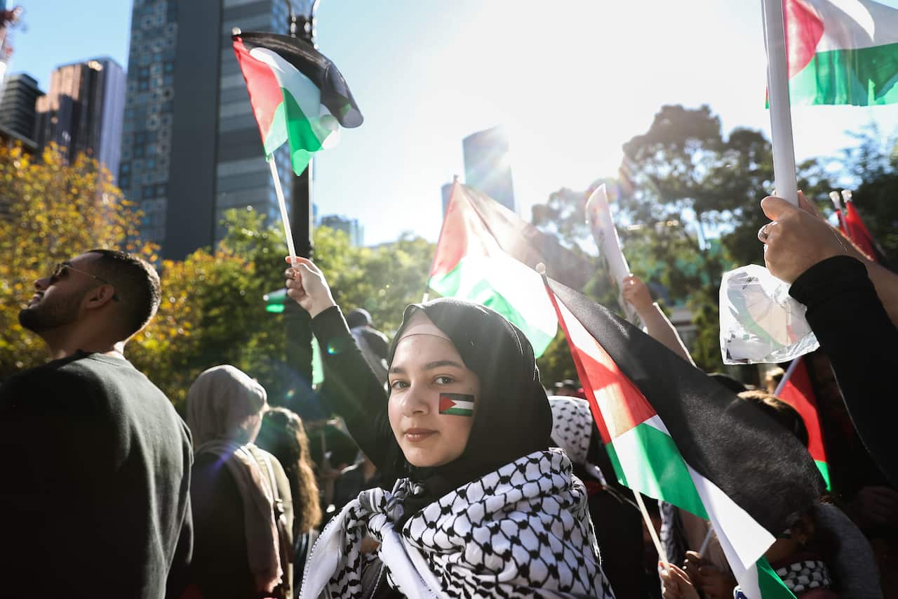 Protesters rally in solidarity with Palestinians in Melbourne on Saturday, 22 May, 2021.