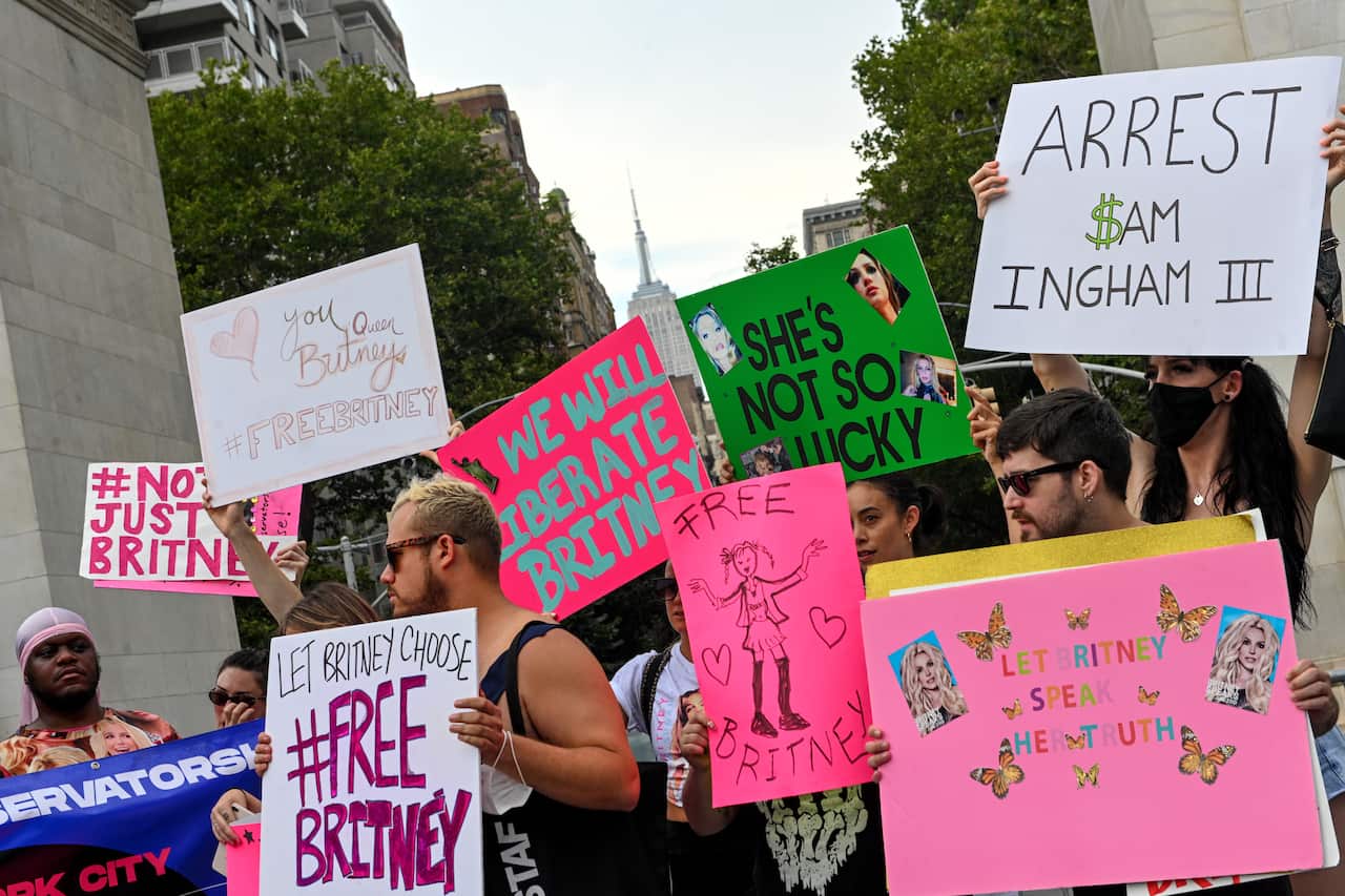 Britney Spears supporters gather to protest at the #FreeBritney Rally in Washington Square Park on 14 July, 2021 in New York City.