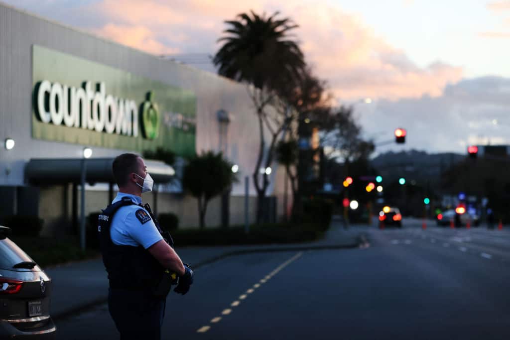 Police guard the area around Countdown LynnMall on 3 September, 2021 in Auckland, New Zealand. 