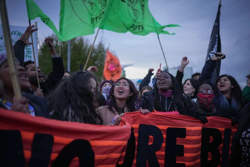 Climate change activists takes part in a Fridays For Future protest near the COP26 venue on 1 November, 2021 in Glasgow.