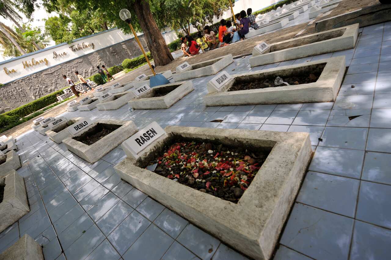 Petals of flowers are seen on the grave of 1947 Indonesian massacre victims by Dutch troops.