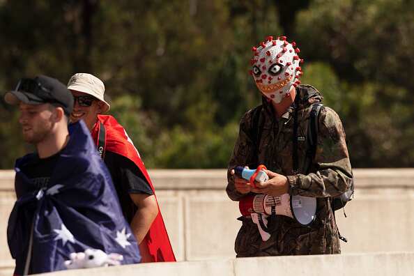Protesters outside Parliament House in Canberra on Tuesday 8 February, 2022.
