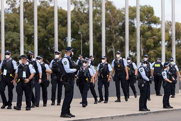 Policemen and women outside Parliament House in Canberra on Tuesday, 8 February, 2022.
