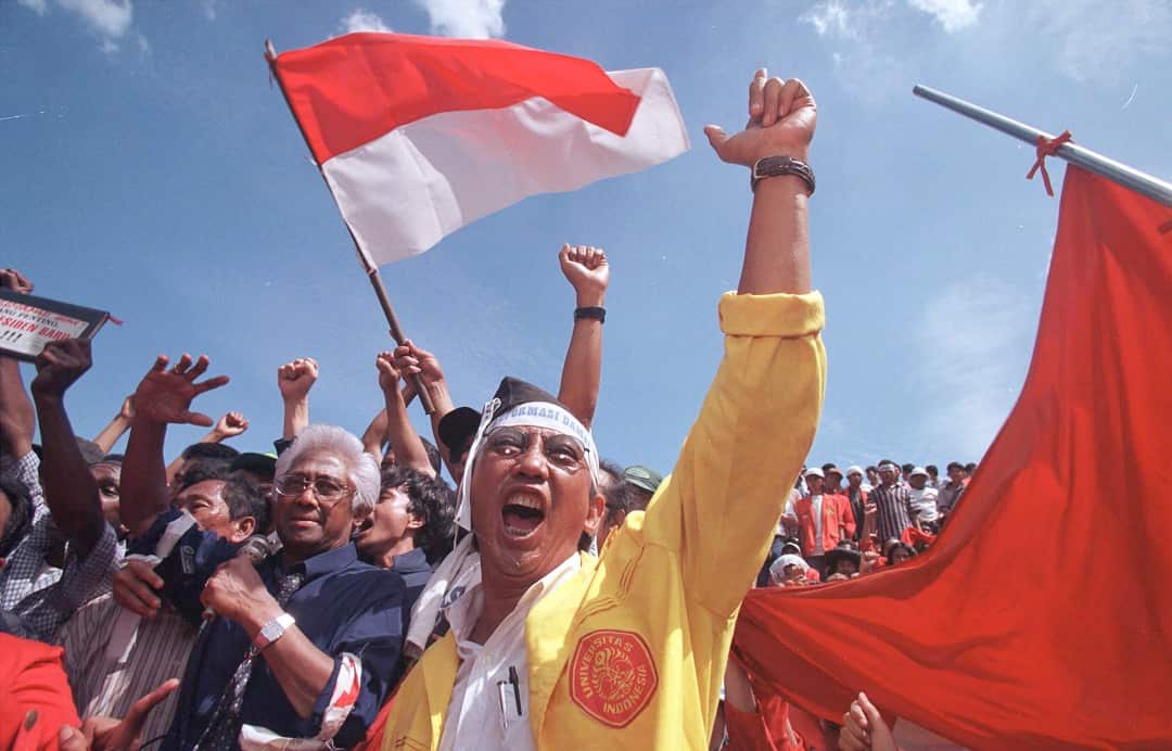 Protesters demand the resignation of Suharto on May 20,1998 in Jakarta.