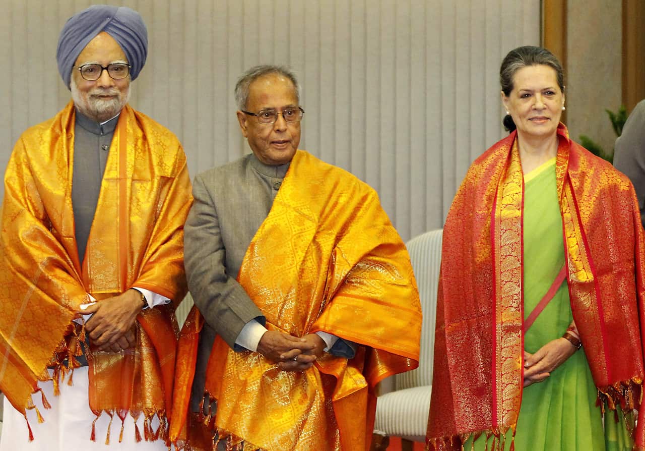 UPA chairperson Sonia Gandhi , Prime Minister Manmohan Singh and Finance Minister Pranab Mukherjee on 15 June, 2012 in New Delhi, India. 