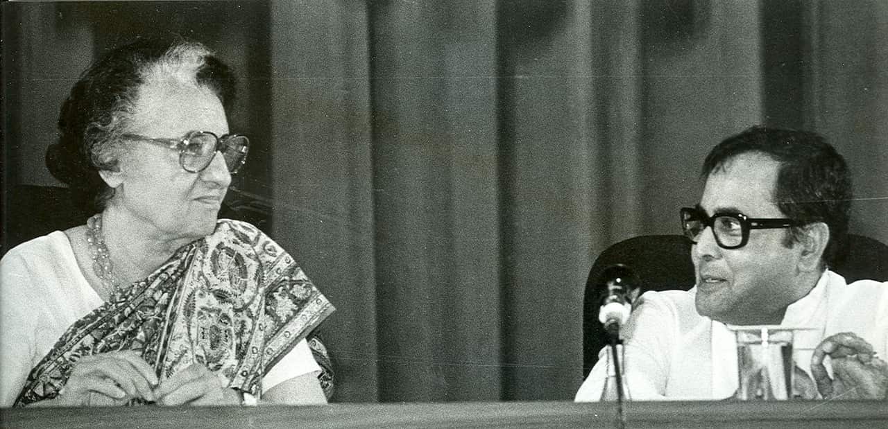 Former Prime Minister Indira Gandhi with then Finance Minister Pranab Mukherjee during  a function  on 5 November, 1982 in New Delhi, India. 