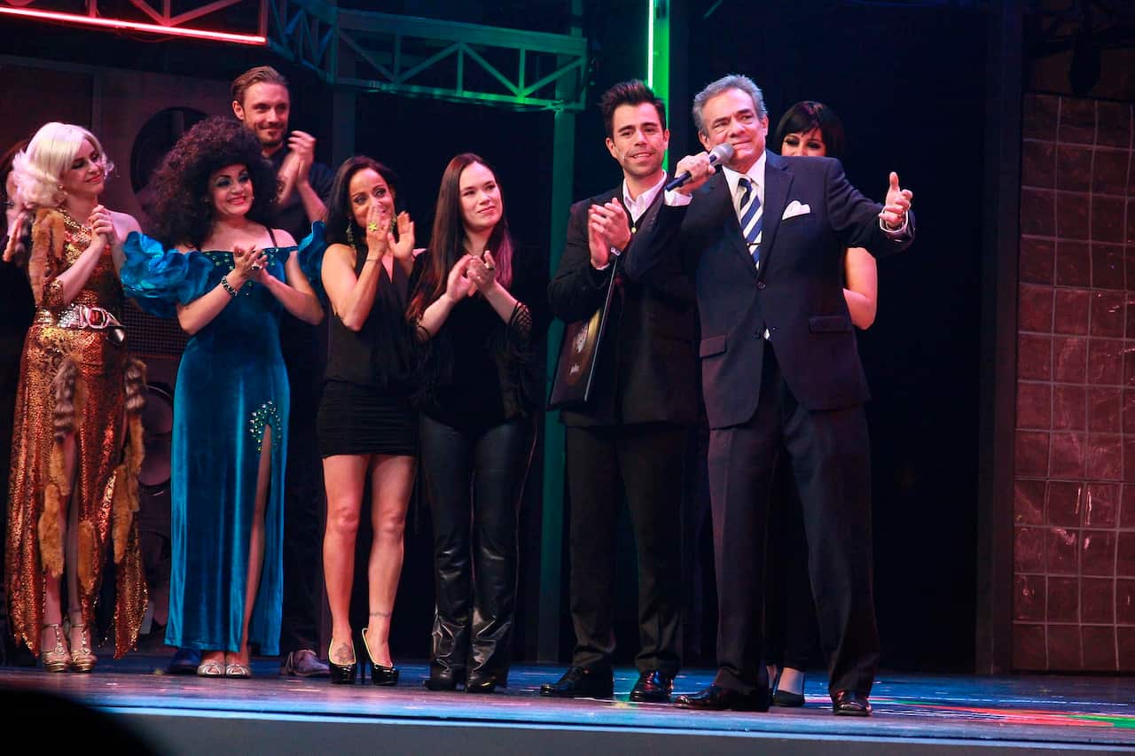 Jose Jose unveils the nameplate to celebrate the 1700 representations of the musical Mentiras at Theater Center Manolo Fabregas in Mexico City, Mexico.