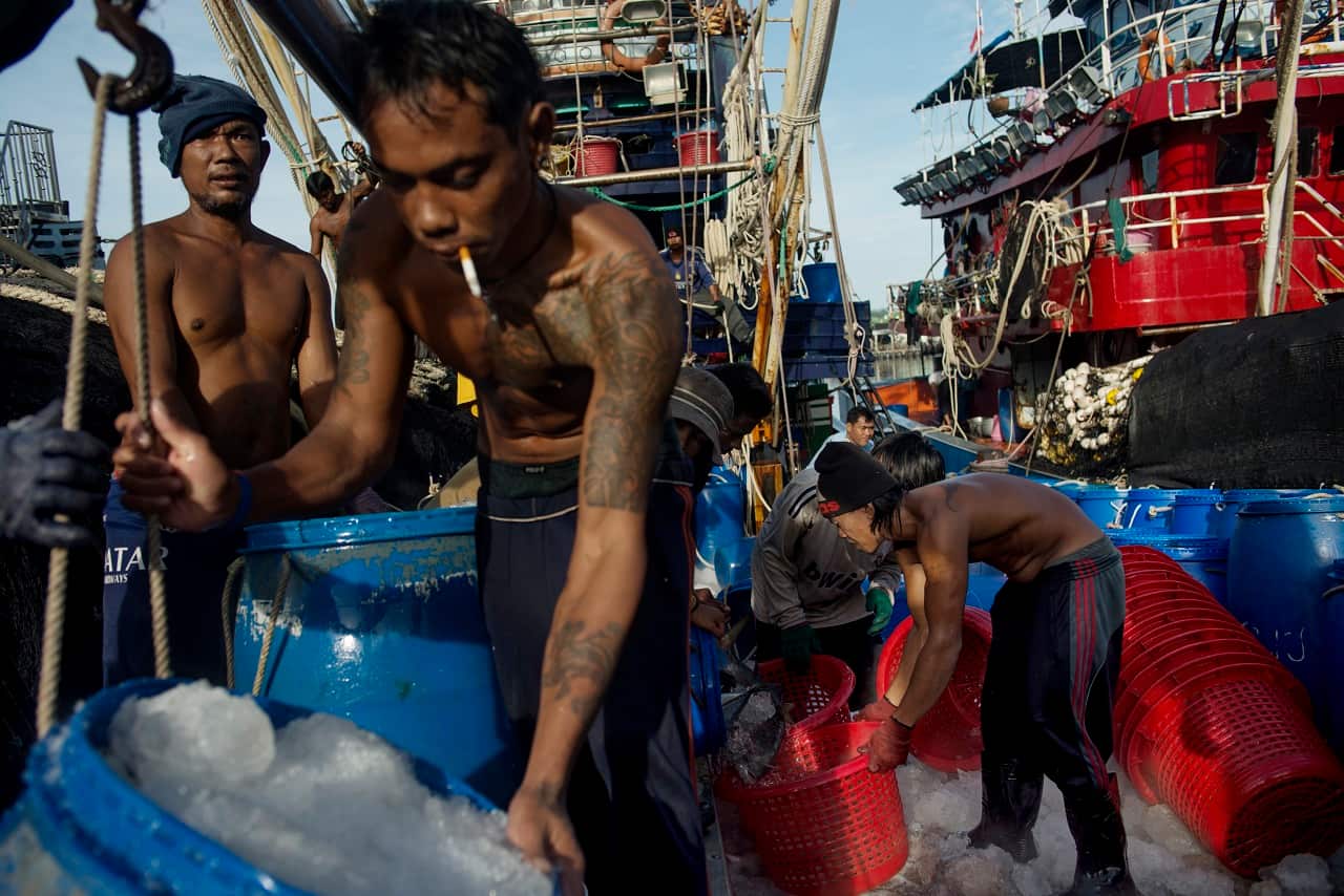Migrant workers on a fishing boat Phuket, Thailand. Thailand's fishing industry is rife with slave labour.
