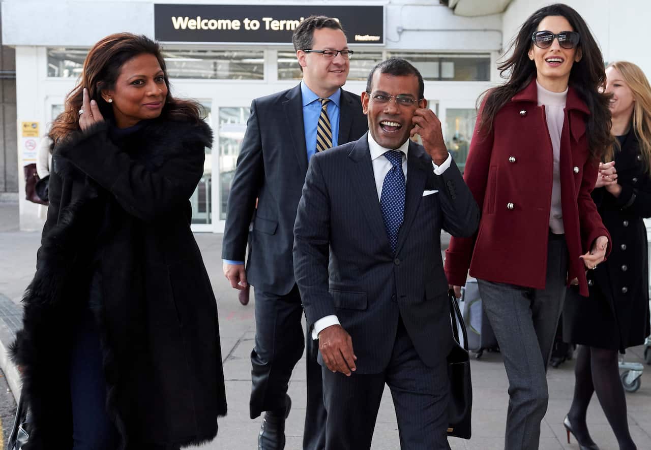 Mohamed Nasheed was greeted by British lawyer Amal Clooney at Heathrow airport in London on Janurary 21, 2016.