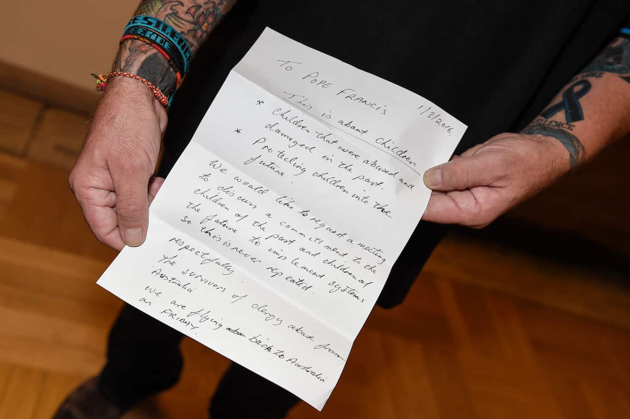 Paul Levey one of the survivors of child abuse by Catholic clergy, holds a letter addressed to Pope Francis requesting a private meeting in the Vatican.
