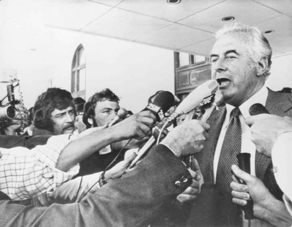 During Australia's constitutional crisis of 1975, Gough Whitlam addresses reporters outside the Parliament building in Canberra