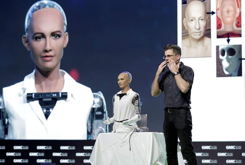 BEIJING, CHINA - APRIL 29: (CHINA OUT) David Hanson, founder and CEO of Hanson Robotics - a company that strives to create robots as brilliant as people - what Dr. Hanson calls Genius Machines, introduces the process of creating Robot Sophia.