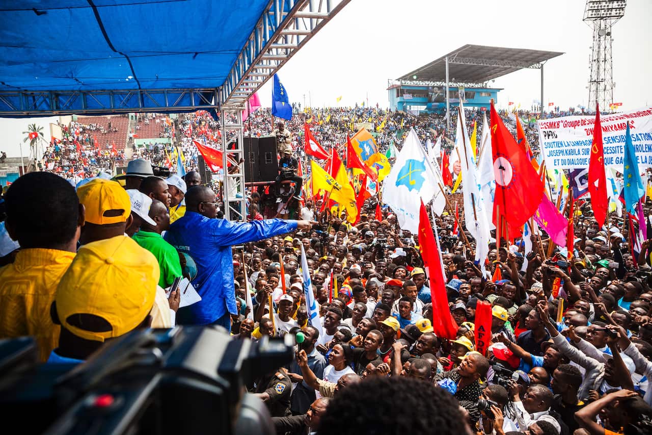 President of the National Assembly Aubin Minaku speaks during a rally in support of Congolese President Joseph Kabila in Kinshasa, on July 29, 2016. 
