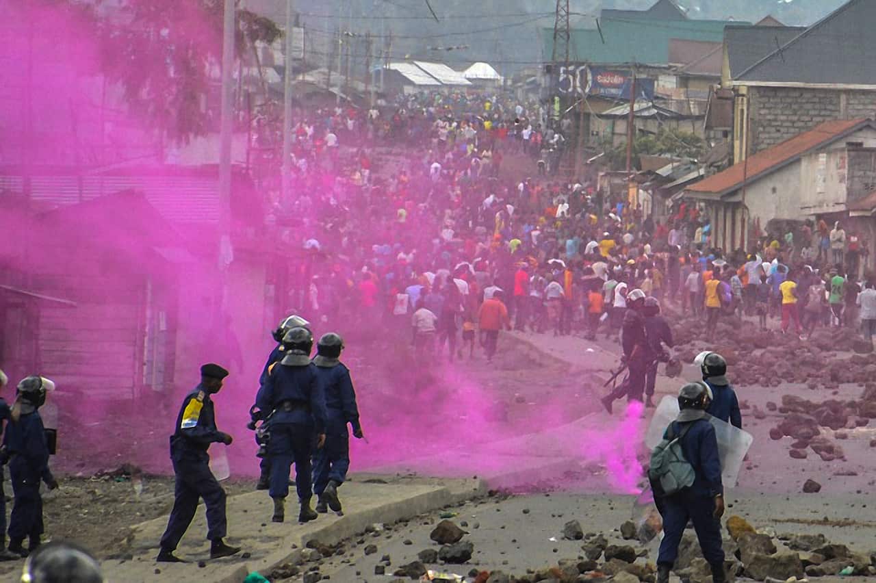Flares are launched by DRCongo Police forces during a demonstration in Goma on September 19, 2016.