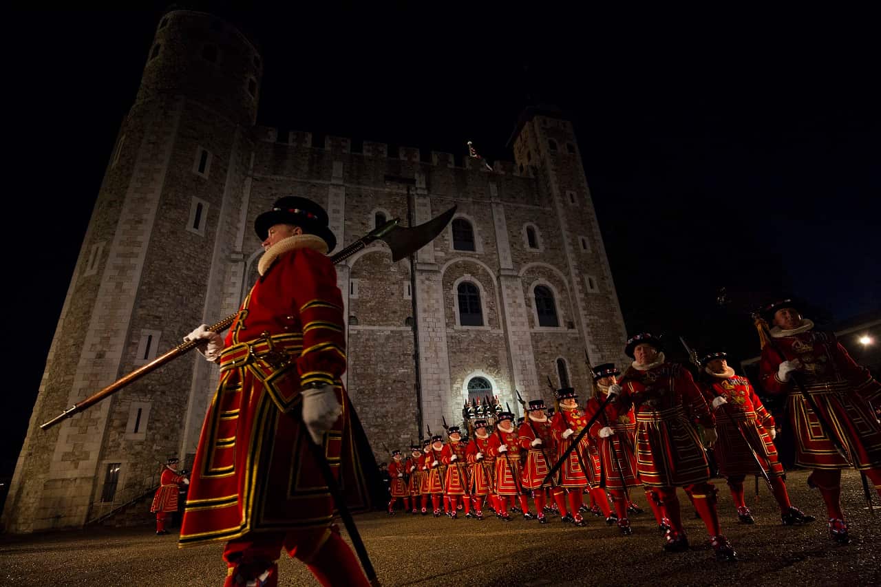 Beefeaters parade during the installation of a new Constable of the Tower of London.
