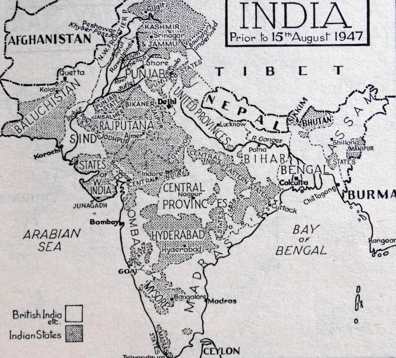 Map of India before the Partition of the British Indian Empire that led to the creation of India and Pakistan 1947.