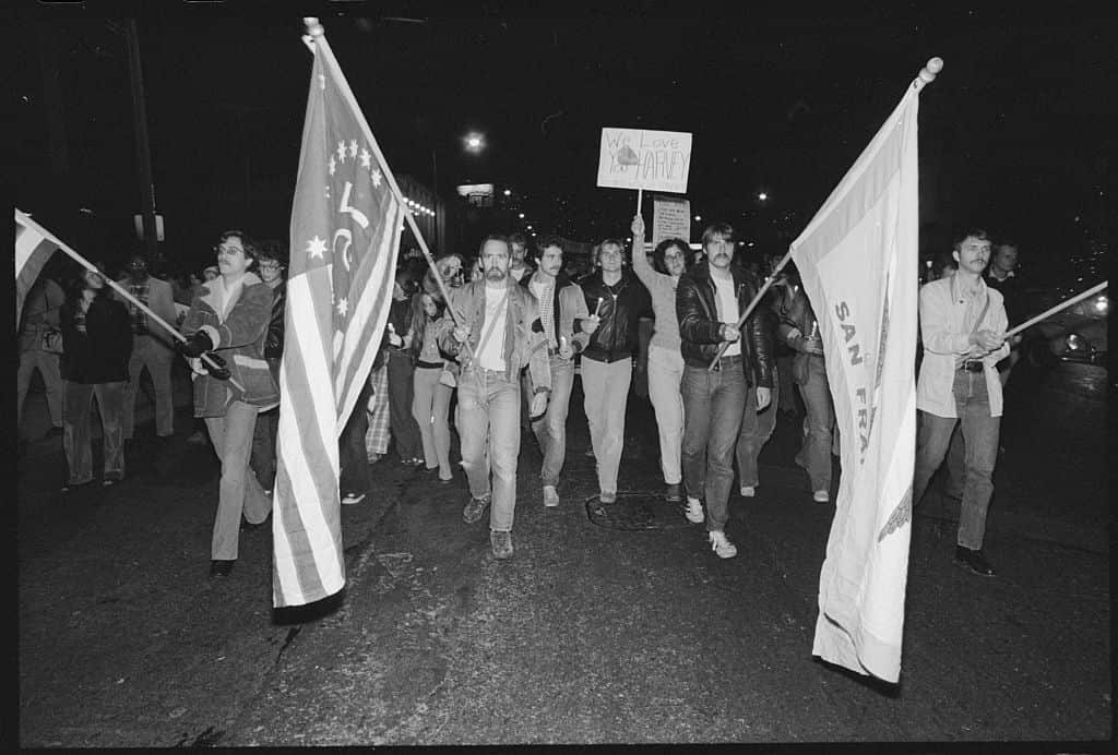 Demonstrators remembered City Councilman Harvey Milk by marching in the street.