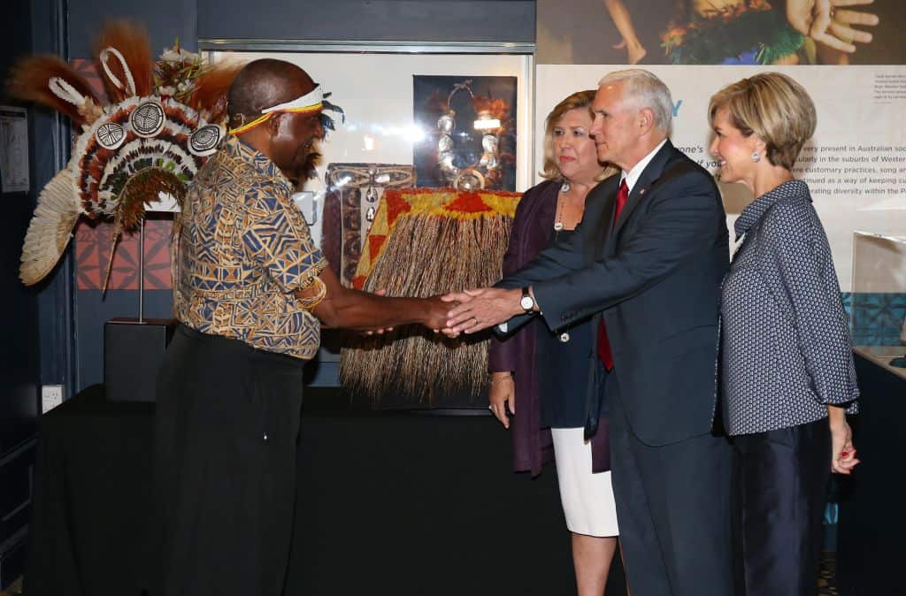 Mike Pence and his wife Karen, with Julie Bishop, right, are welcomed to the Australian Museum in Sydney in April 2017.