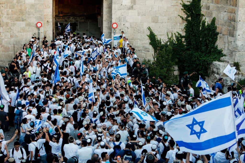 Far right Israeli supporters pass through Damascus Gate in Jerusalem's Old City in May 2017 to commemorate Jerusalem Day.