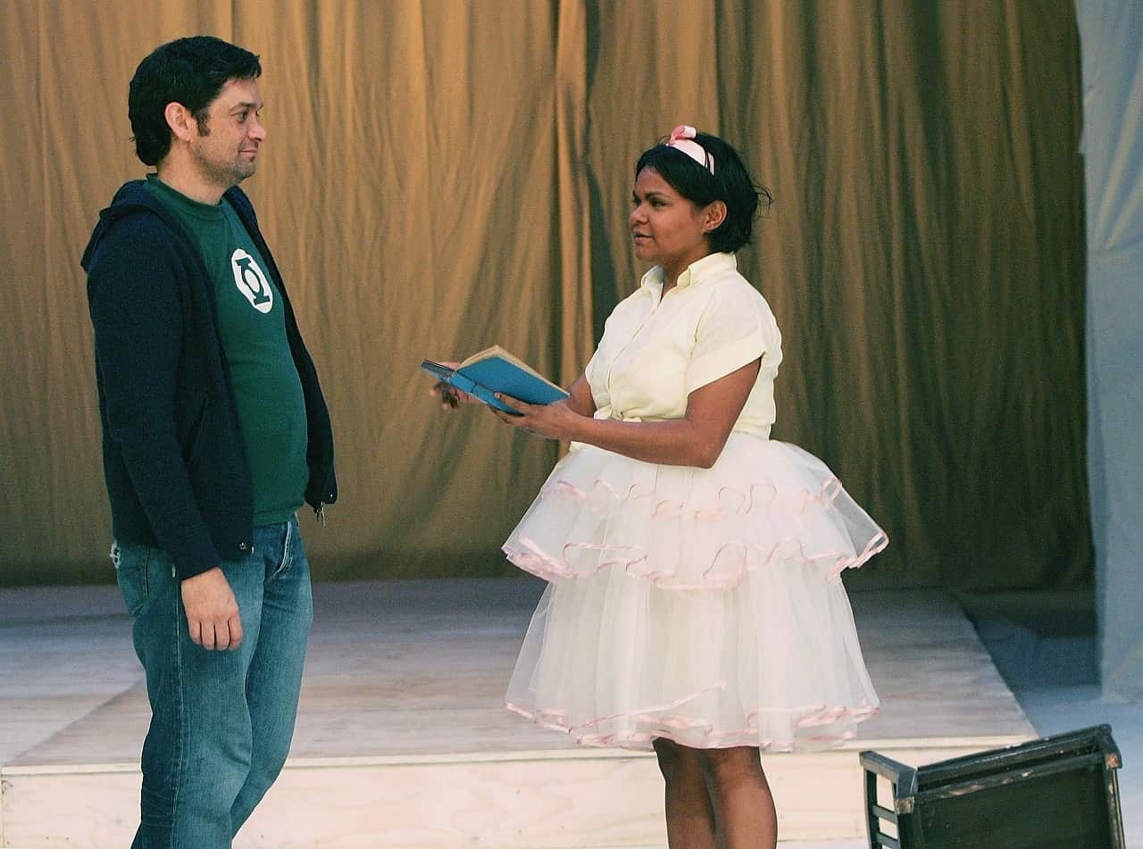 Wesley Enoch talks to actress Ursula Yovich  during a dress rehearsal for Capricornia at the Seymour Centre in 2006.