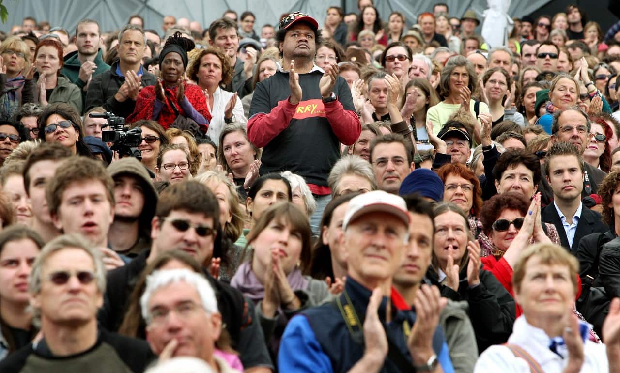 Thousands of people watch the apology live in Melbourne in 2008.