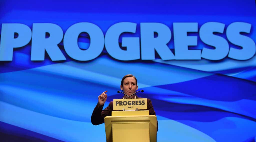 Mhairi Black MP, speaks to delegates ahead of First Minister & SNP Leader Nicola Sturgeon's keynote speech at The SNP Autumn Conference 2017 at the Scottish Exhibition and Conference Centre on October 10, 2017 in Glasgow, Scotland.