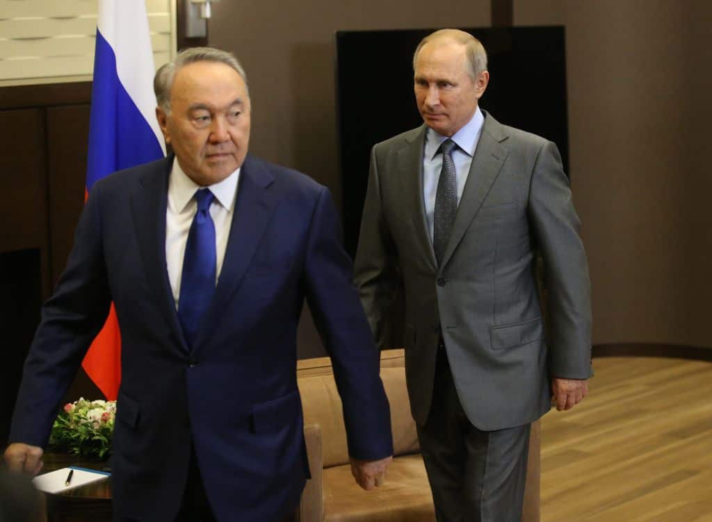 Kazakhstan's President Nursultan Nazarbayev pictured with Russian President Vladimir Putin in 2017.