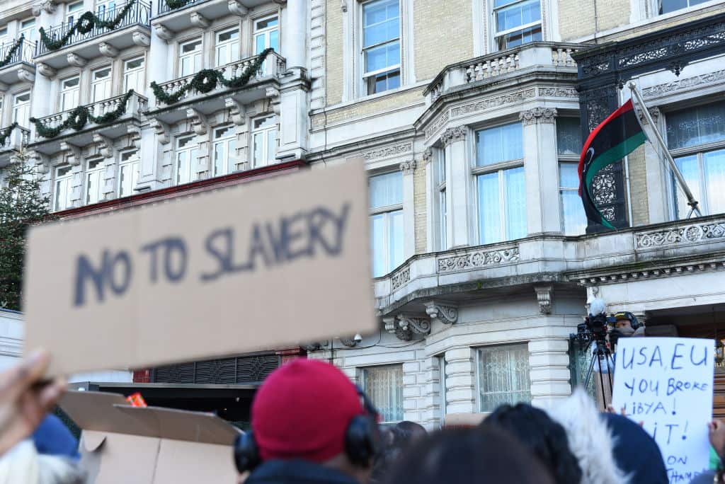 An anti slavery demonstration took place outside the Libyan Embassy in Knightsbridge, London on November 26, 2017.