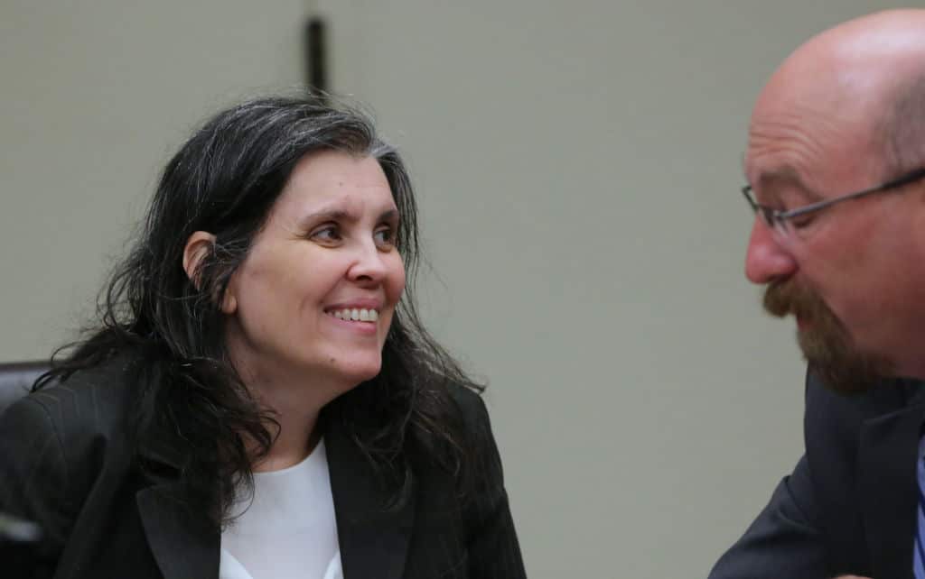 Louise Turpin is seen with attorney Jeff Moore during her court arraignment in Riverside, California on January 18, 2018.