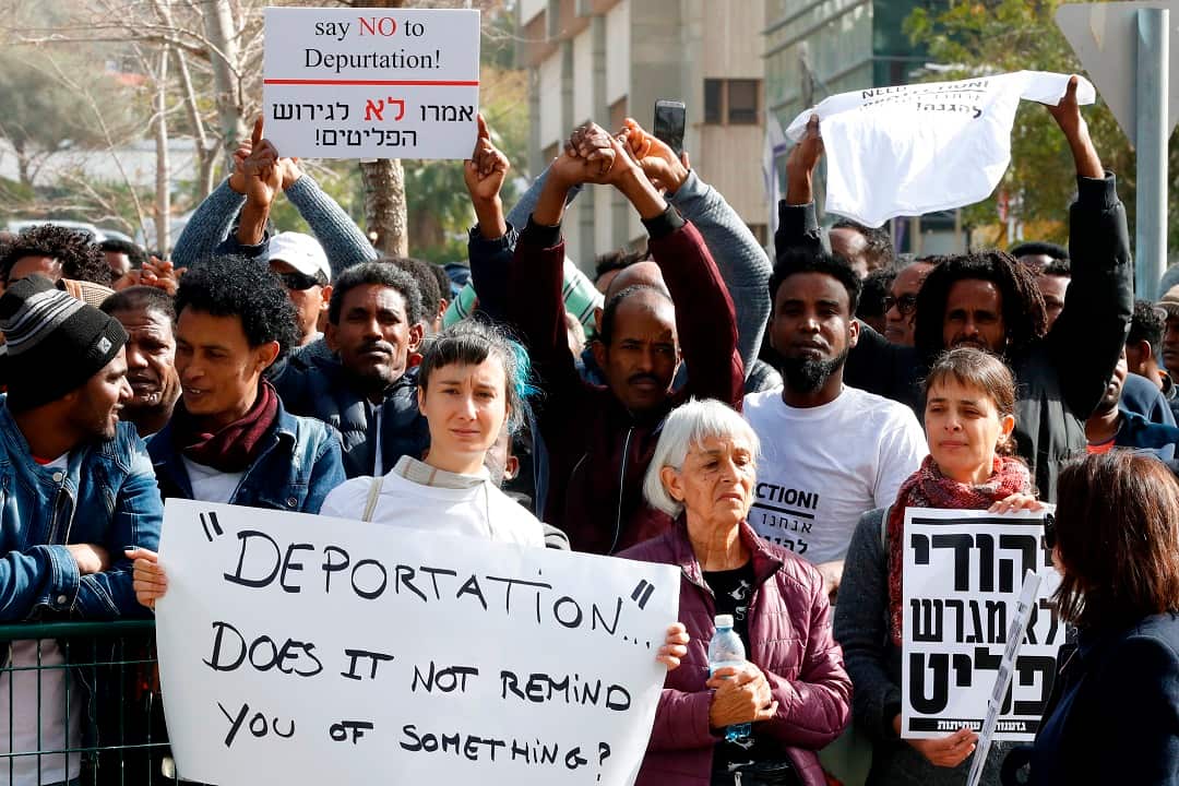 Protesters gathered at the Rwanda Embassy in Israel on January 22.