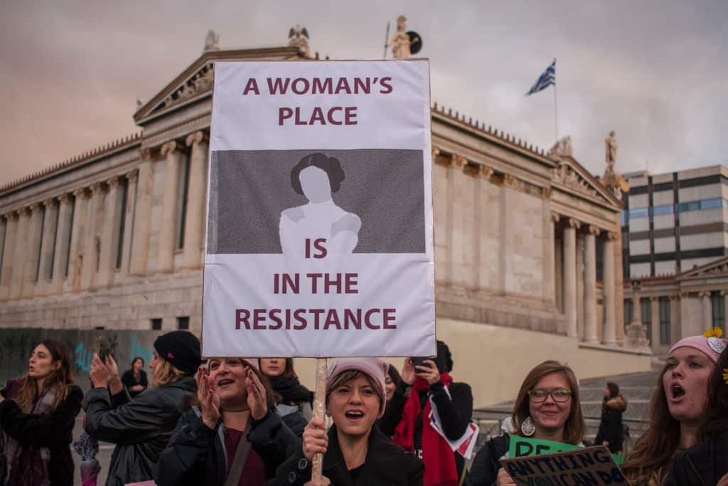 Activists take part in the Womens March 2018 in Athens demonstrating for women's rights.