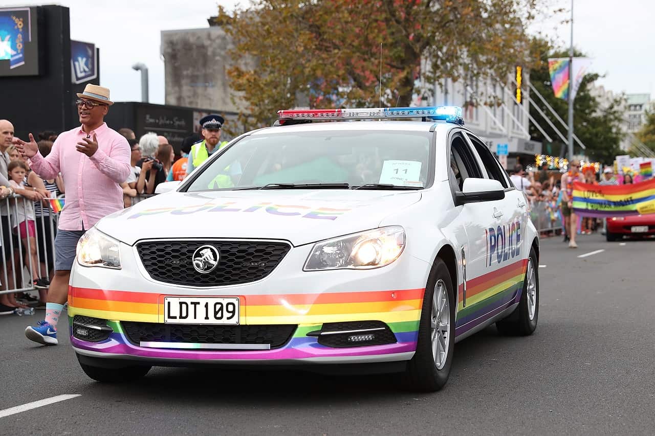 A rainbow police car joins the Auckland Pride Parade earlier this year.