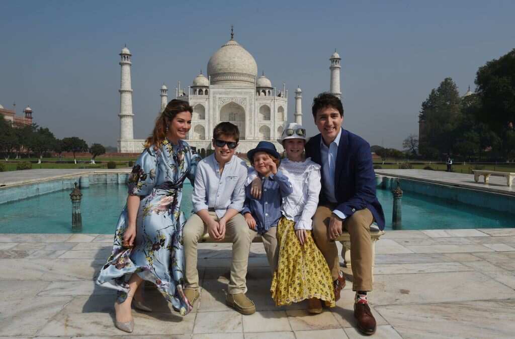 Prime Minister of Canada Justin Trudeau, his wife Sophie Gregoire and their children pose for a photograph during their visit to Taj Mahal in Agra on February 18, 2018.