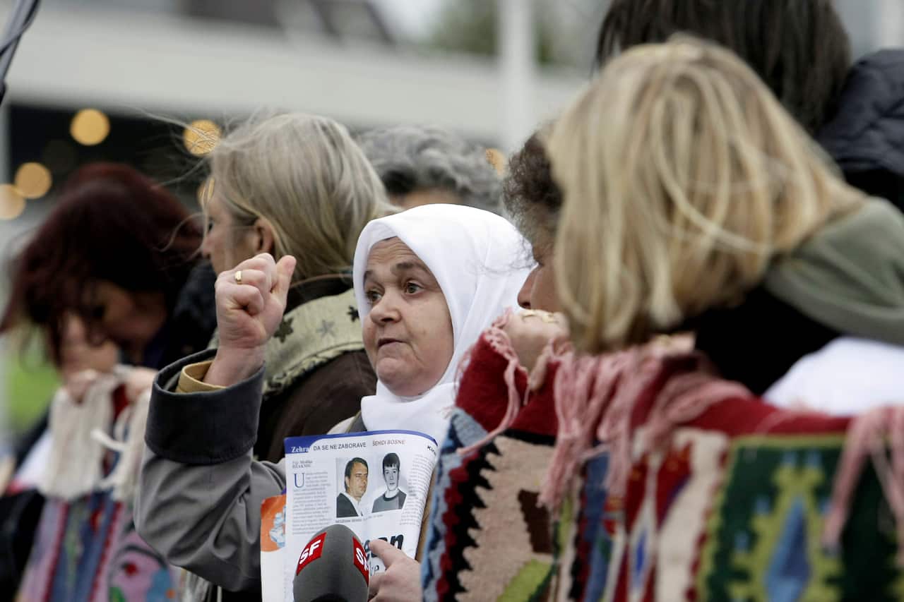 Bosnian women stage a protest in The Hague.