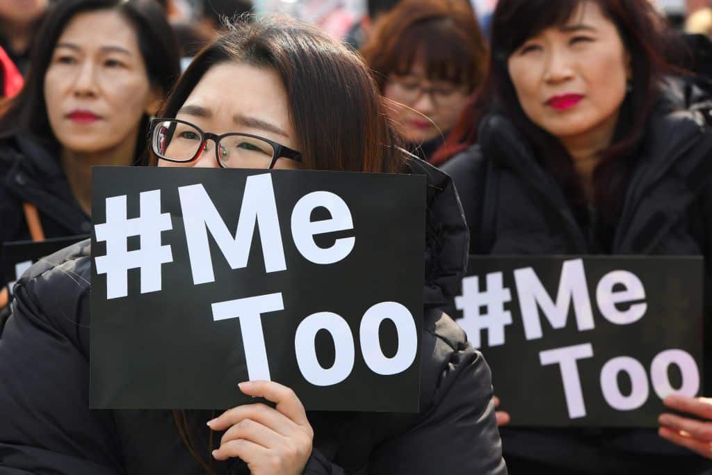 South Korean demonstrators hold #MeToo banners during a rally to mark International Women's Day.