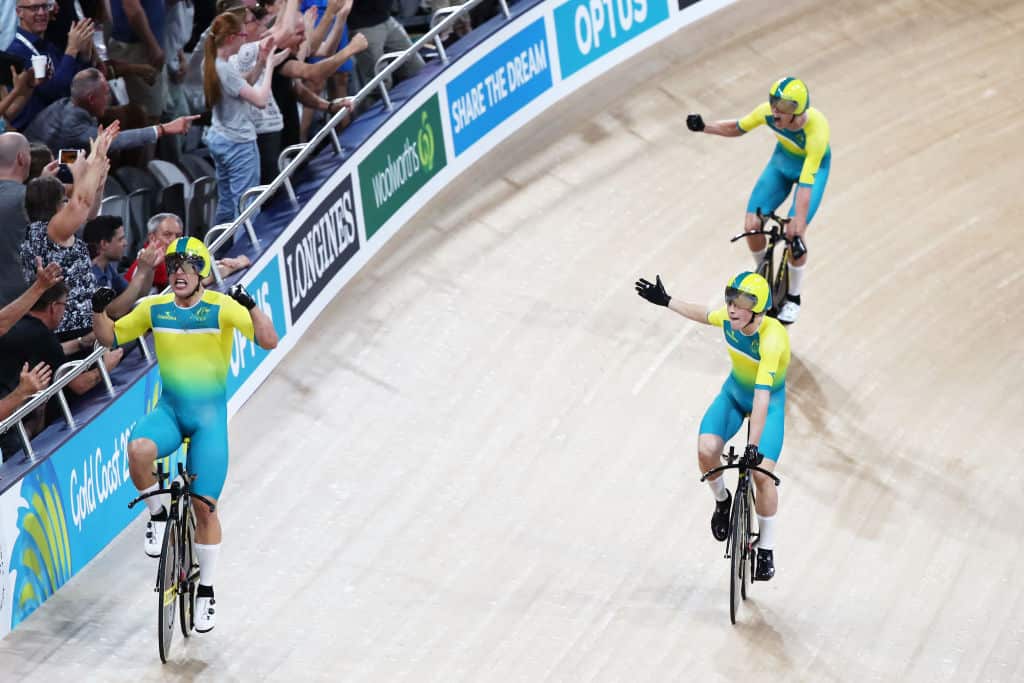 Australia celebrate winning gold in the Men's 4000m Team Pursuit Final during the Track Cycling on day one of the Gold Coast 2018 Commonwealth Games at Anna Meares Velodrome on April 5, 2018 in Brisbane, Australia.